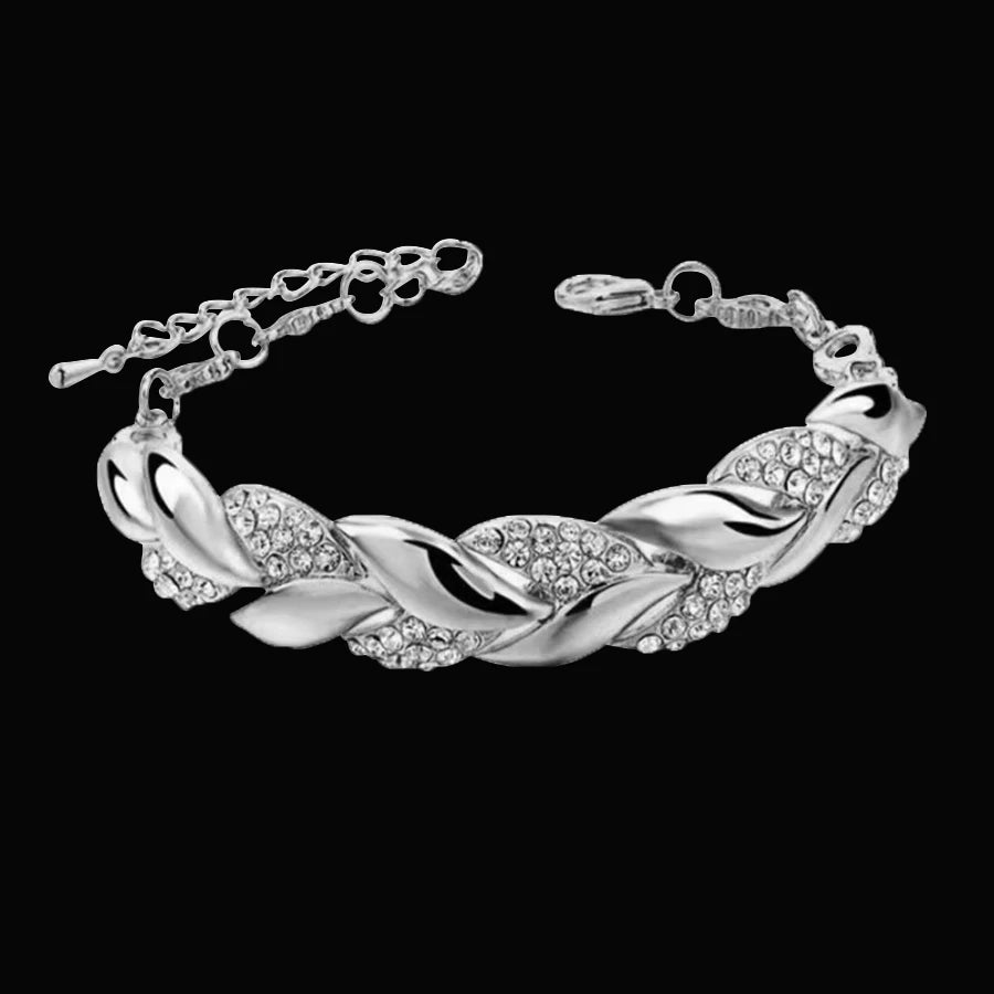 Braided Gold Color Leaf Bracelets - Rhinestone Punk Fashion Jewelry