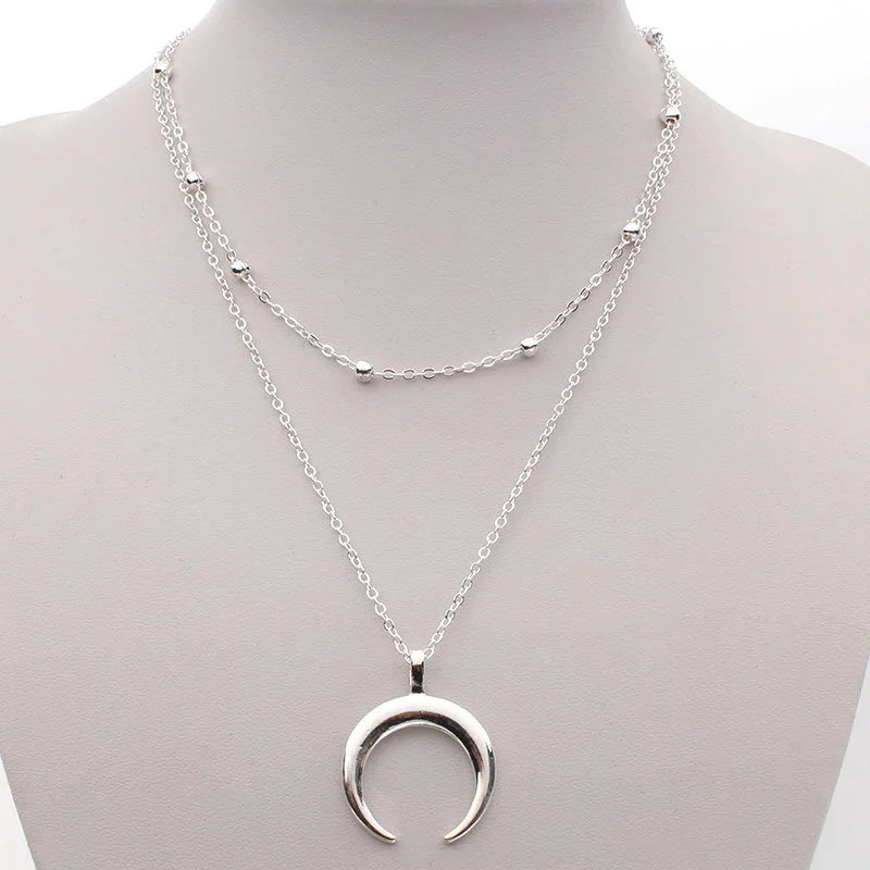 Double Layer Moon Pendant Necklace - Gold-Tone Celestial Jewelry