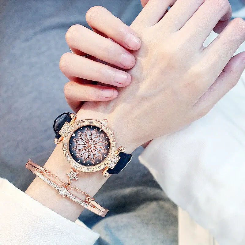 Lucky Flower Luxury Ladies Rhinestone Watch & Bracelet Set - Complete Collection
