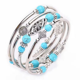 Natural Turquoise Wrapped Bracelet - Stone Beaded Strand Fashion Jewelry