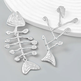 Fish Bone Asymmetric Dangle Earrings - Geometric Zinc Alloy Fashion Jewelry
