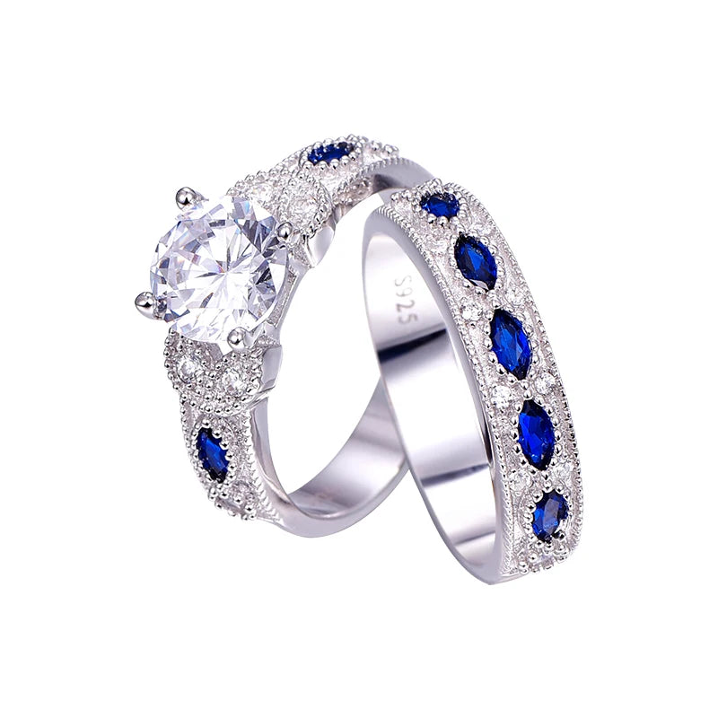 White CZ and Sapphire 925 Sterling Silver Ring Set - Elegant Fine Jewelry
