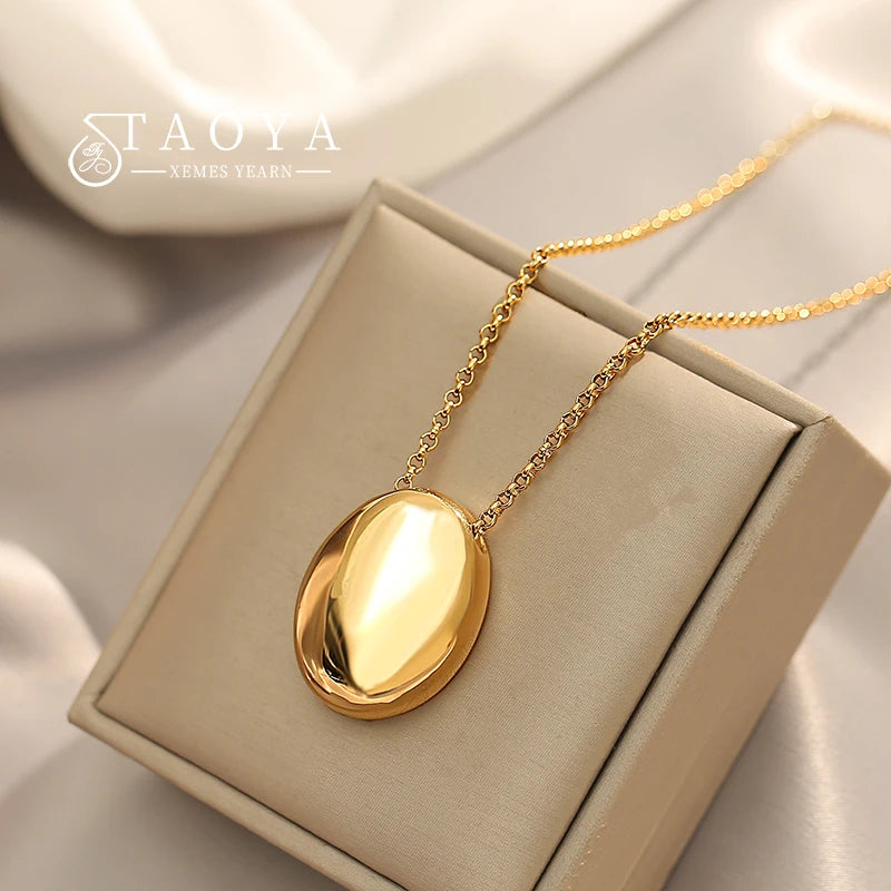 Oval Pendant Necklace - Stainless Steel Geometric Statement