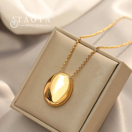 Oval Pendant Necklace - Stainless Steel Geometric Statement