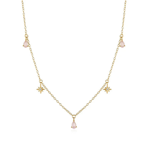 925 Sterling Silver Pink Zircon Charm Necklace - Elegant 45cm Design