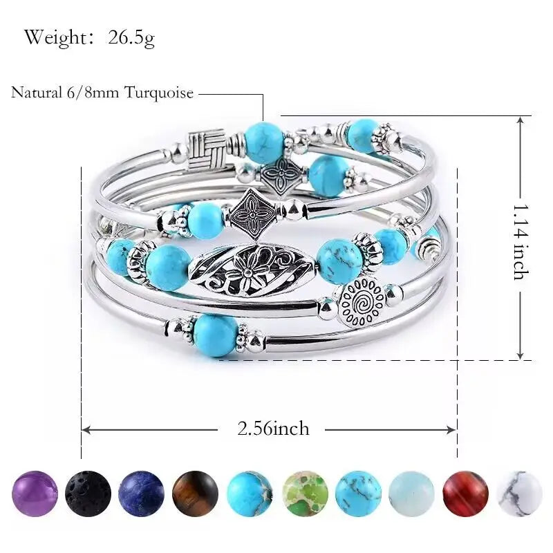 Natural Turquoise Wrapped Bracelet - Stone Beaded Strand Fashion Jewelry