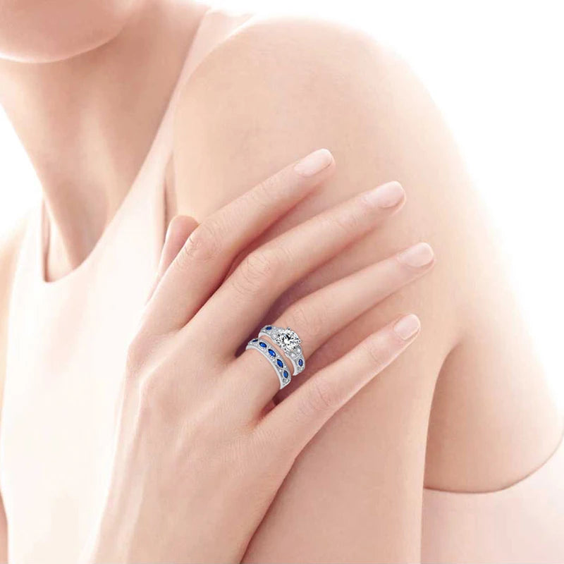 White CZ and Sapphire 925 Sterling Silver Ring Set - Elegant Fine Jewelry