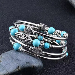 Natural Turquoise Wrapped Bracelet - Stone Beaded Strand Fashion Jewelry