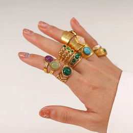 Natural Stone Stainless Steel Ring - Classic Round Design
