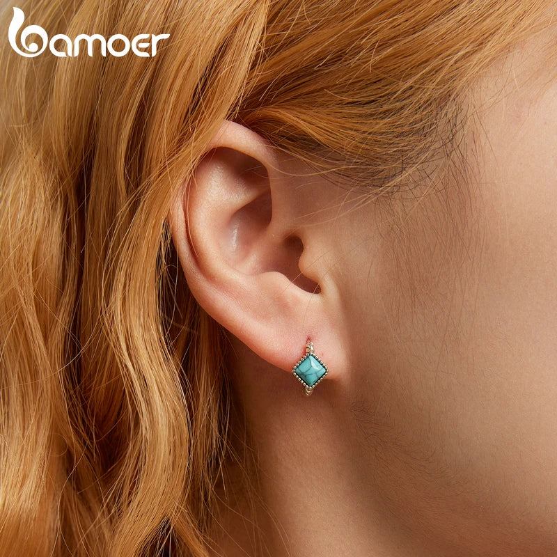 925 Sterling Silver Blue Square Turquoise Earrings - Geometric Gemstone Studs