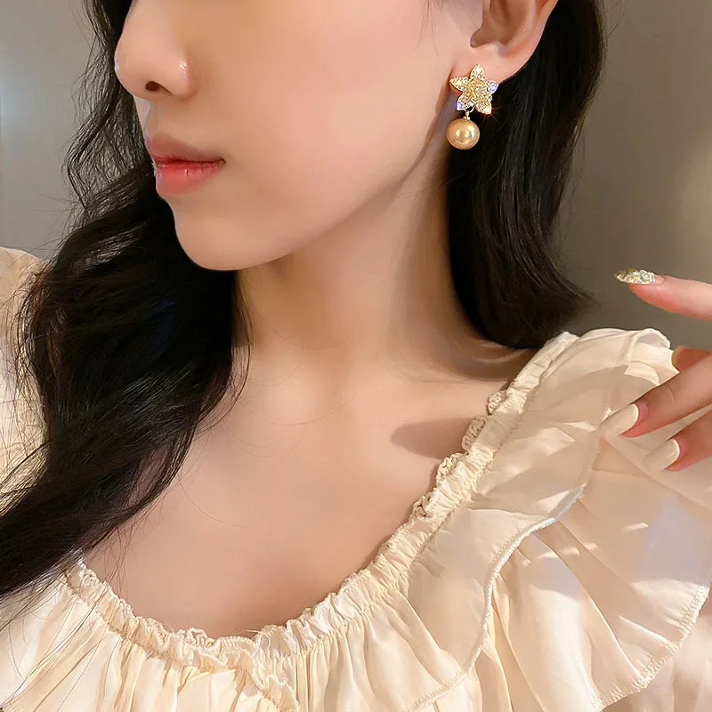 Rose Gold Pearl Flower Dangle Earrings - Elegant Rhinestone Fashion Jewelry