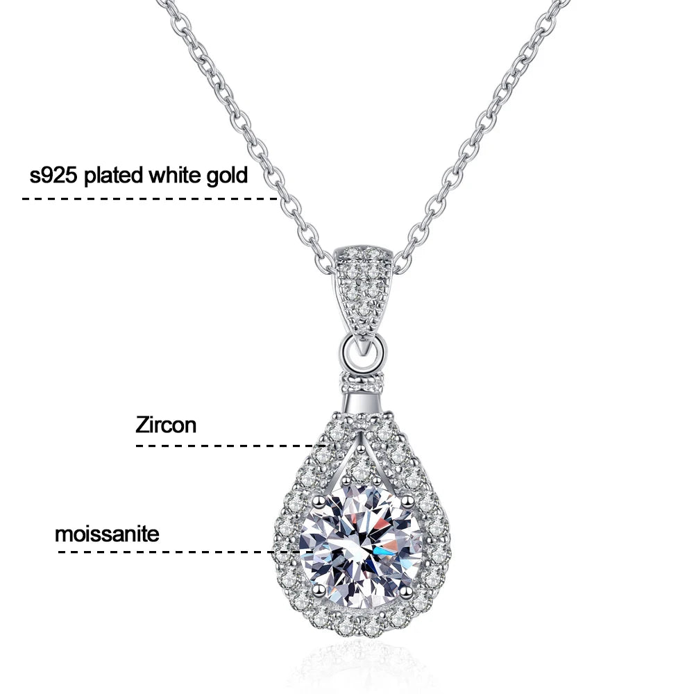 Moissanite Teardrop Pendant Necklace - 925 Silver 1ct/2ct Elegance