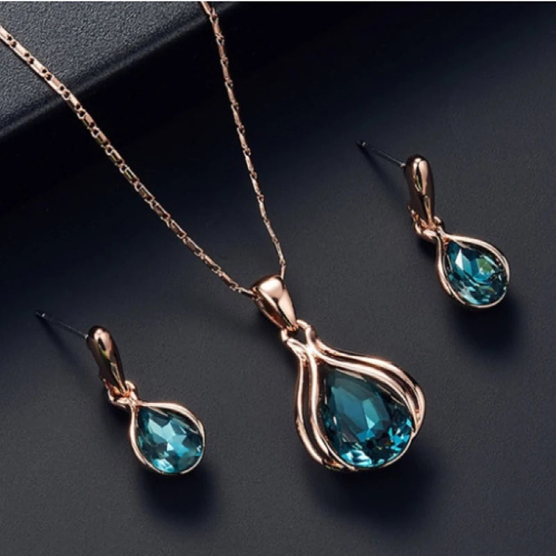 Water Drop Blue Necklace and Earrings Set - Teardrop Crystal Jewelry Collection