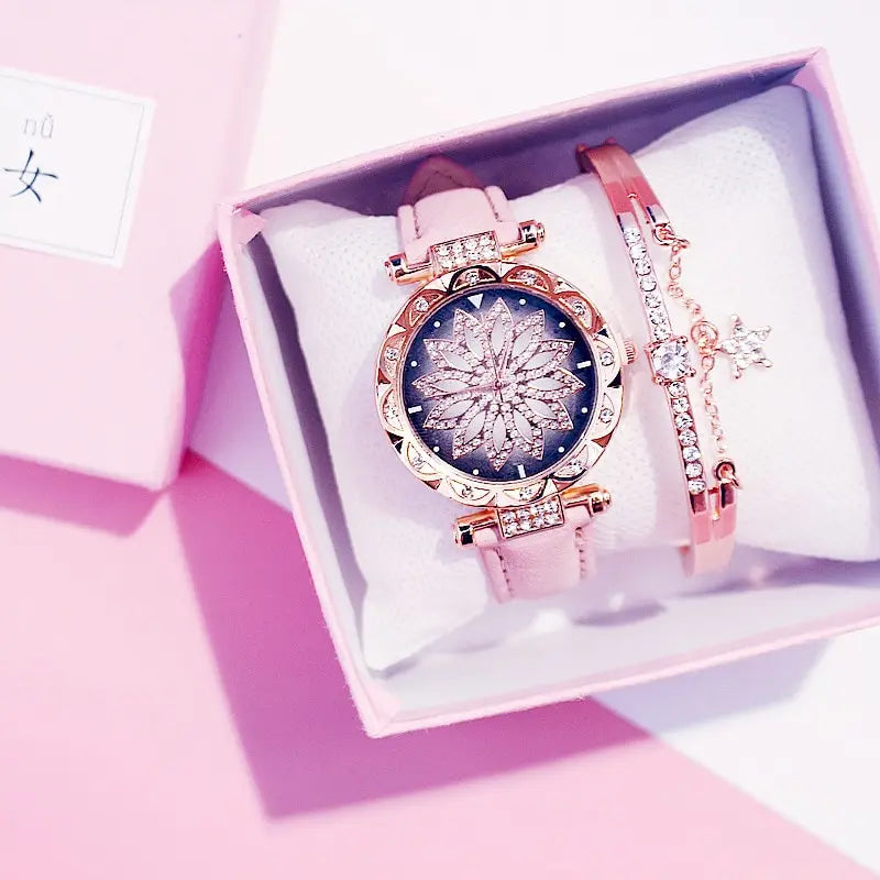 Lucky Flower Luxury Ladies Rhinestone Watch & Bracelet Set - Complete Collection