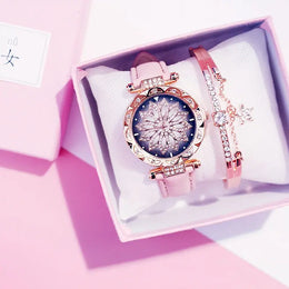 Lucky Flower Luxury Ladies Rhinestone Watch & Bracelet Set - Complete Collection