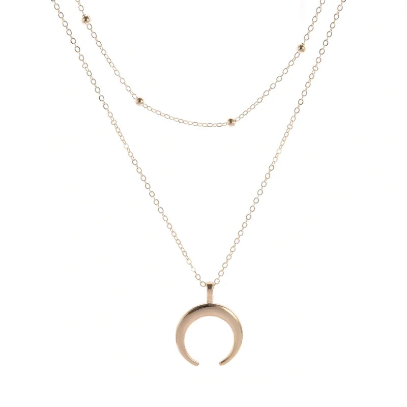 Double Layer Moon Pendant Necklace - Gold-Tone Celestial Jewelry