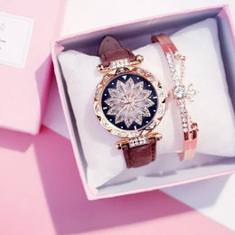 Lucky Flower Luxury Ladies Rhinestone Watch & Bracelet Set - Complete Collection
