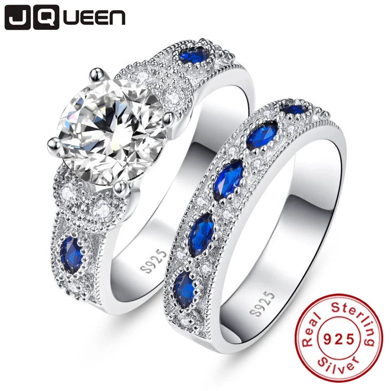 White CZ and Sapphire 925 Sterling Silver Ring Set - Elegant Fine Jewelry