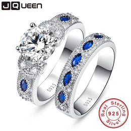 White CZ and Sapphire 925 Sterling Silver Ring Set - Elegant Fine Jewelry