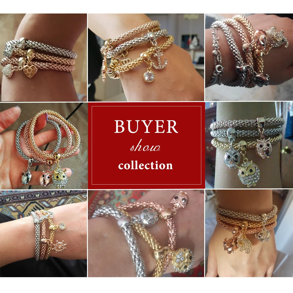 3 Pcs/Set Crystal Owl Crown Charm Bracelets - Vintage Trendy Collection