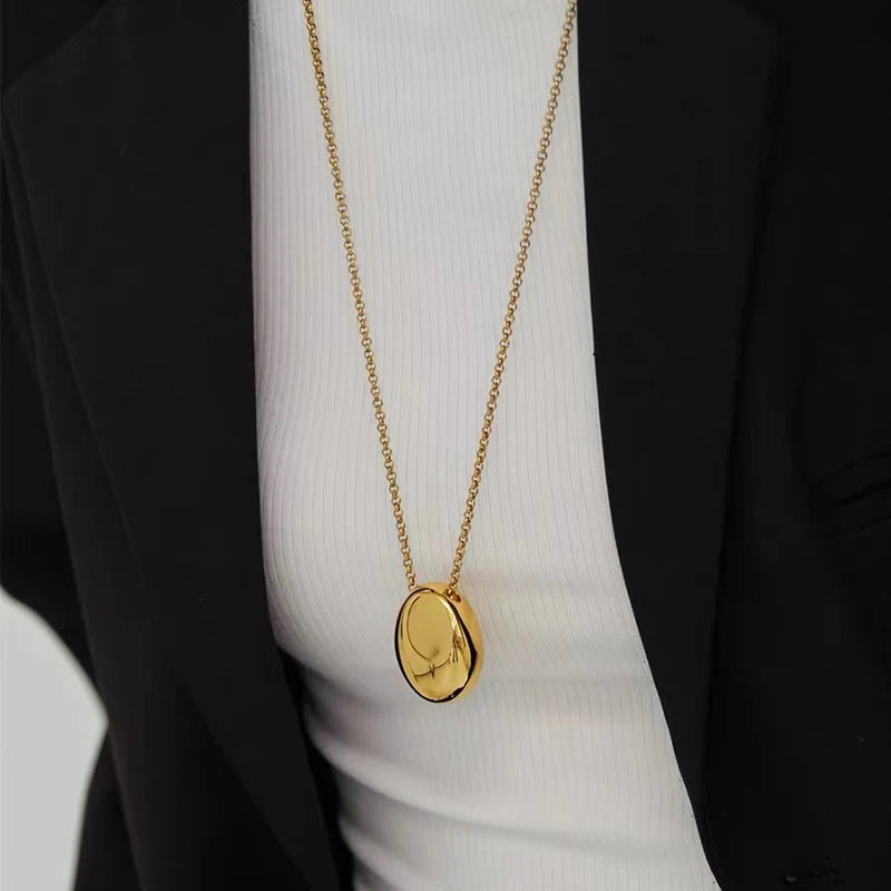 Oval Pendant Necklace - Stainless Steel Geometric Statement