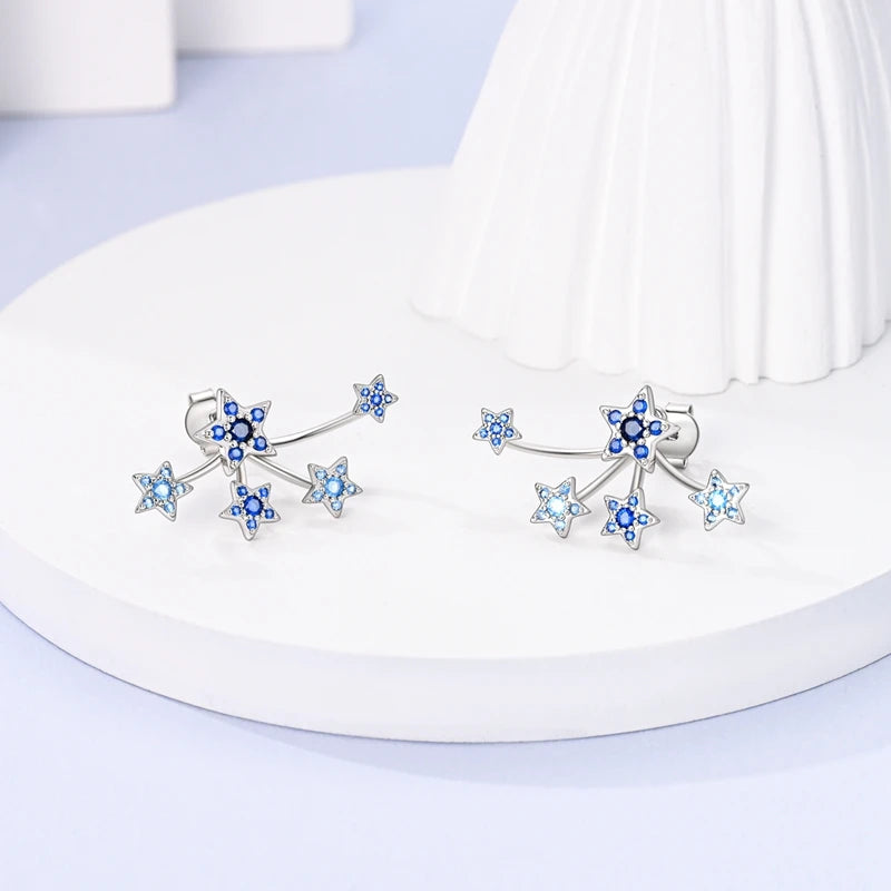 Sparkling Blue Zircon Star Moon Stud Earrings - 925 Sterling Silver Jewelry