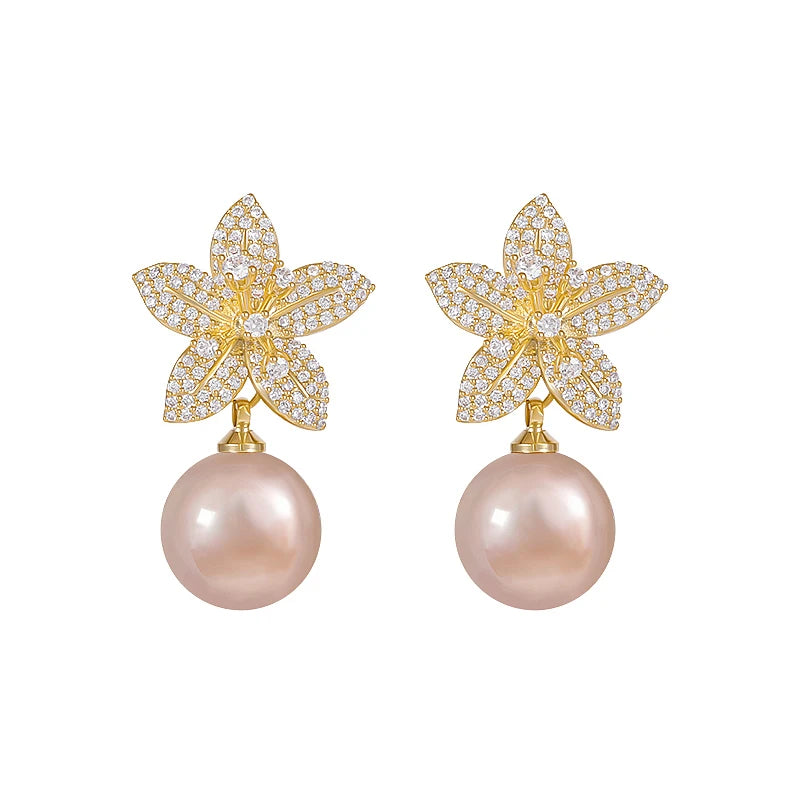 Rose Gold Pearl Flower Dangle Earrings - Elegant Rhinestone Fashion Jewelry