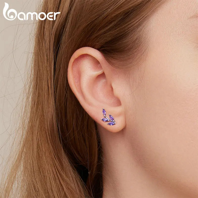 Genuine 925 Sterling Silver Purple Branch Stud Earrings - Fine Jewelry