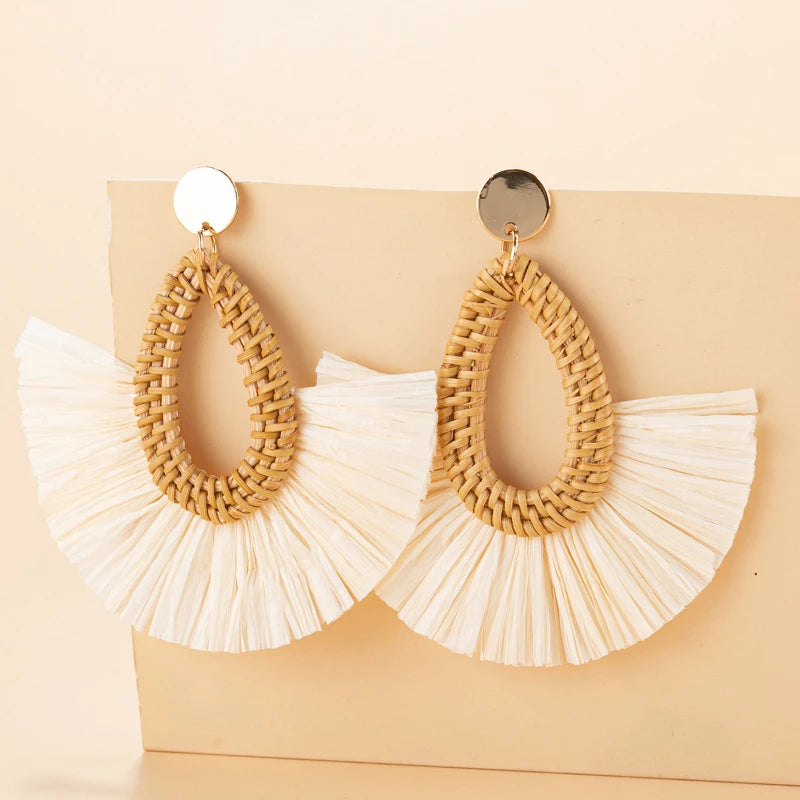 Rattan Raffia Tassel Pendant Earrings - Vintage Geometric Handcrafted Jewelry