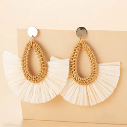 Rattan Raffia Tassel Pendant Earrings - Vintage Geometric Handcrafted Jewelry