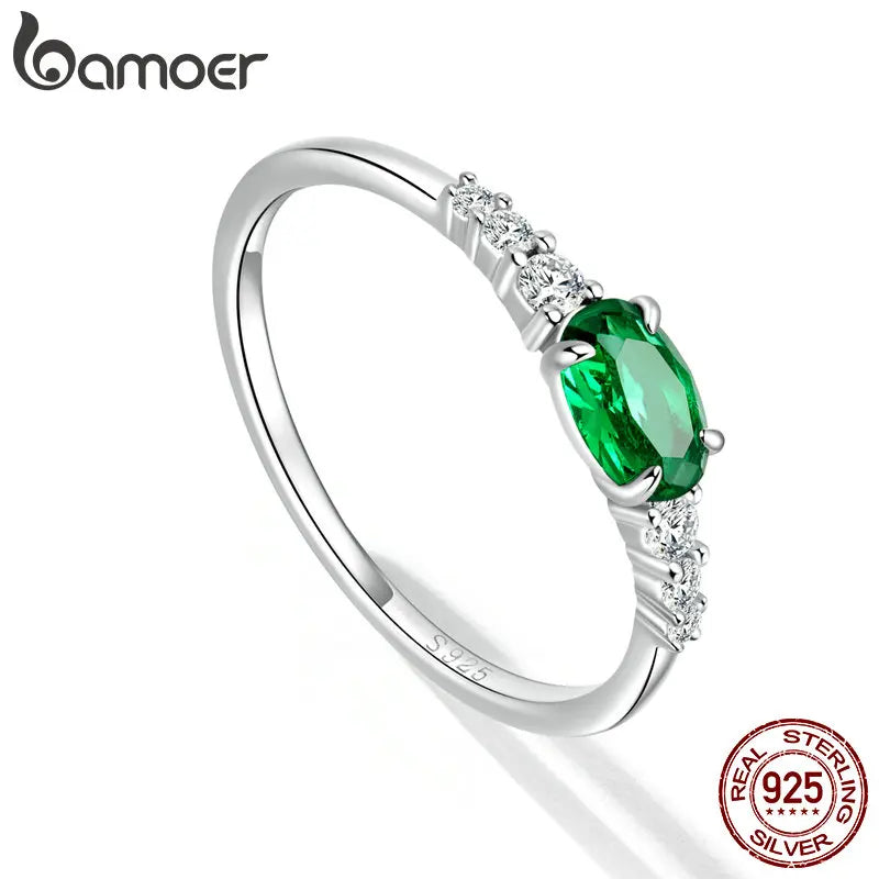 925 Sterling Silver Simple Green Gemstone Ring - Geometric Zircon Design