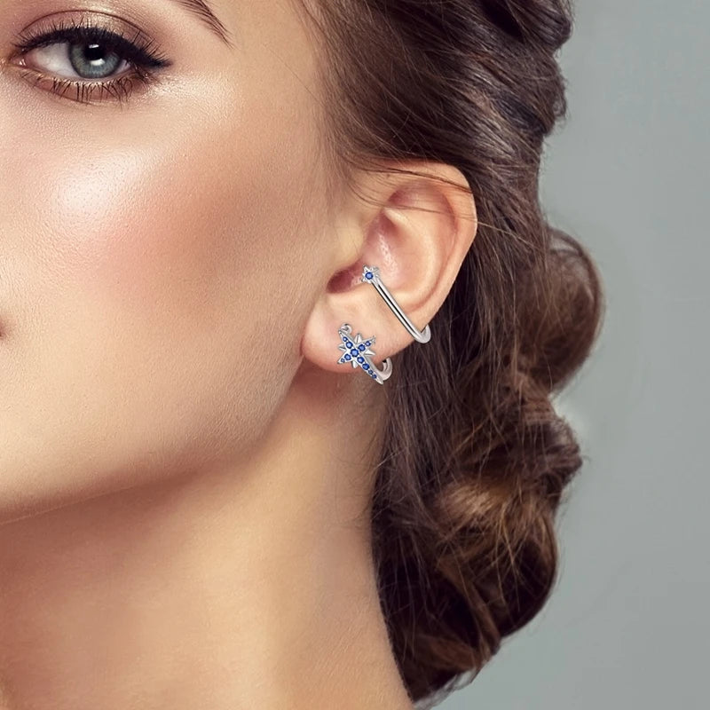 Sparkling Blue Zircon Star Moon Stud Earrings - 925 Sterling Silver Jewelry