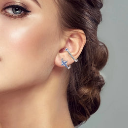 Sparkling Blue Zircon Star Moon Stud Earrings - 925 Sterling Silver Jewelry