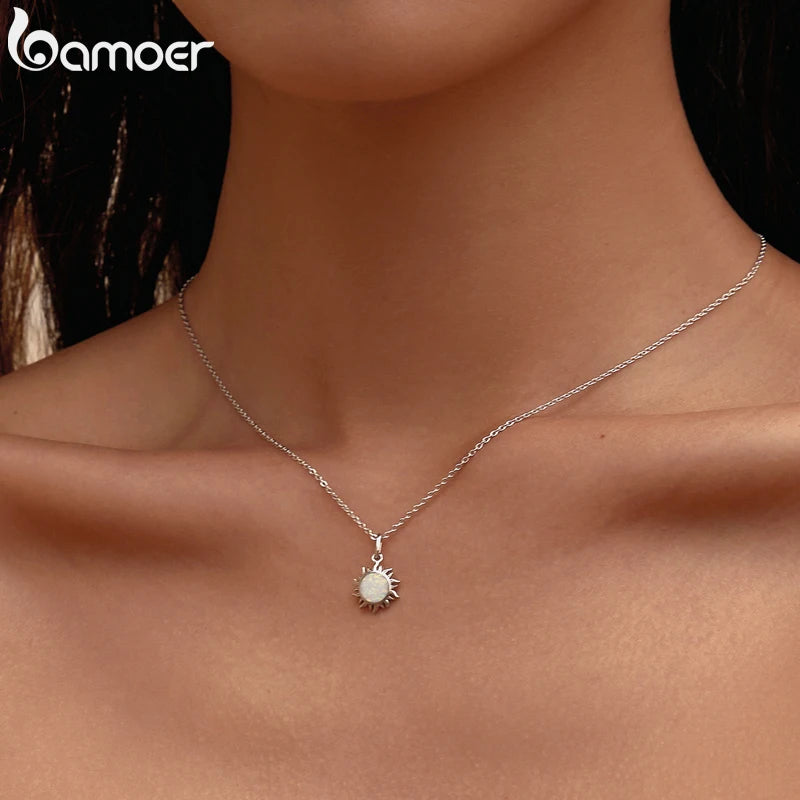 925 Sterling Silver White Opal Sun Pendant Necklace - Celestial Fine Jewelry