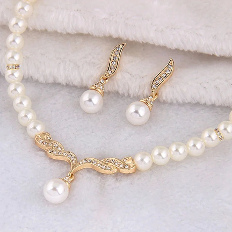 Gold Color Simulated Pearl Jewelry Set - Luxury Necklace and Earrings