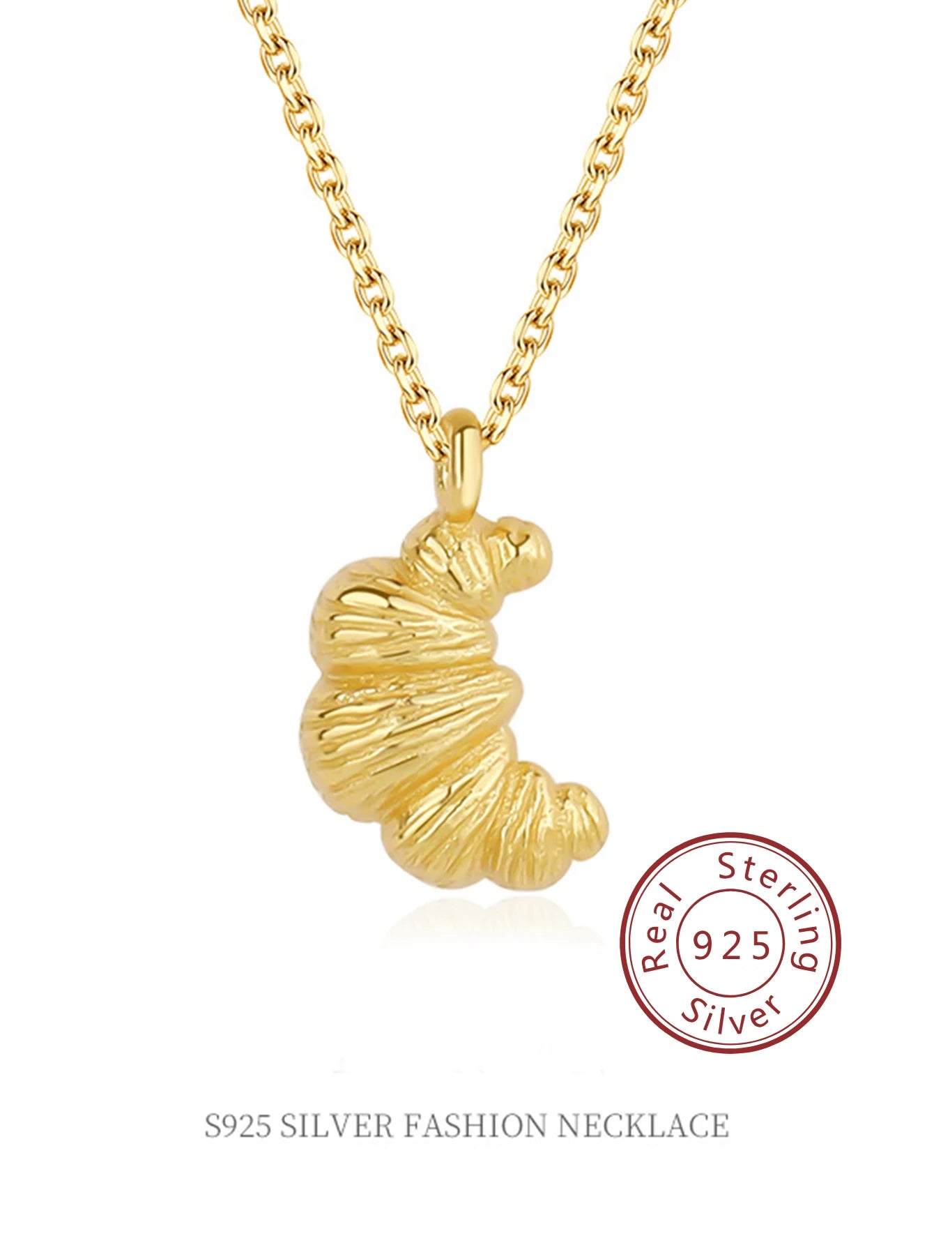 925 Sterling Silver Croissant Pendant Necklace - Gold Charm Jewelry