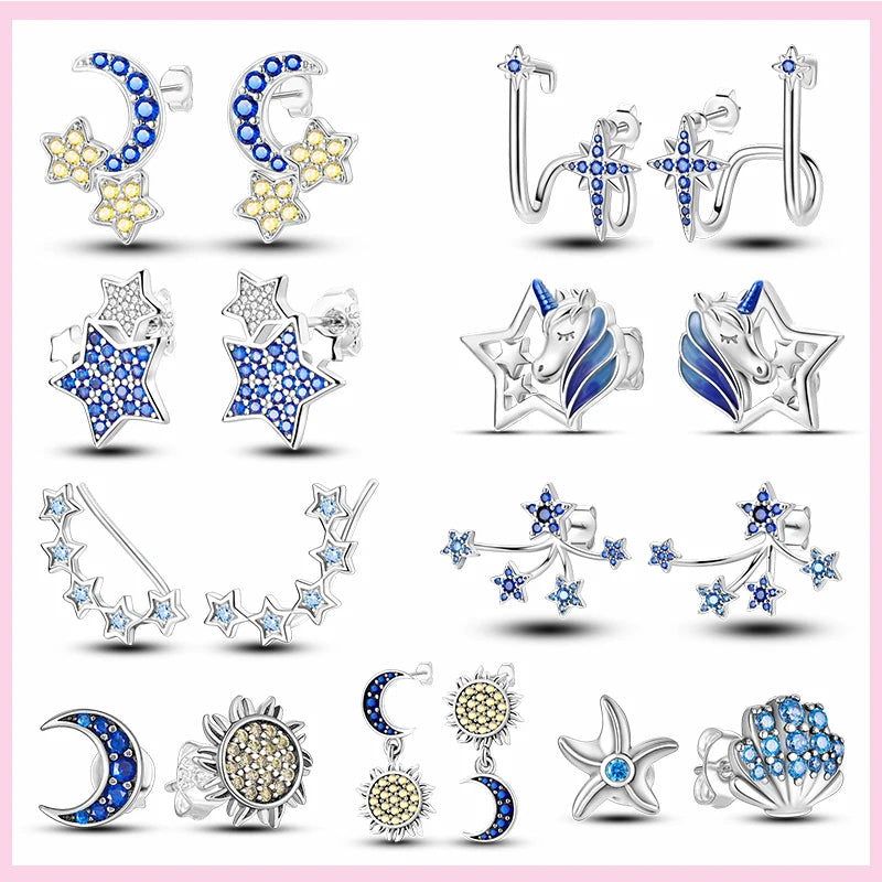 Sparkling Blue Zircon Star Moon Stud Earrings - 925 Sterling Silver Jewelry