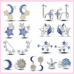 Sparkling Blue Zircon Star Moon Stud Earrings - 925 Sterling Silver Jewelry