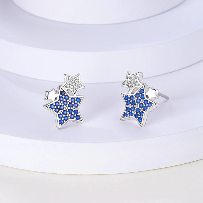 Sparkling Blue Zircon Star Moon Stud Earrings - 925 Sterling Silver Jewelry