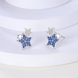 Sparkling Blue Zircon Star Moon Stud Earrings - 925 Sterling Silver Jewelry