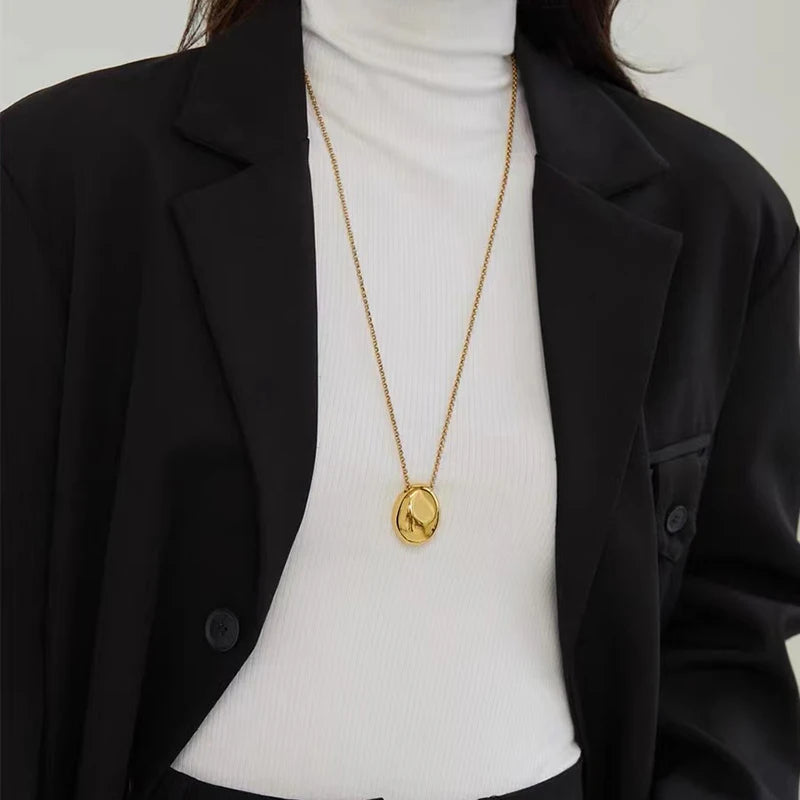 Oval Pendant Necklace - Stainless Steel Geometric Statement