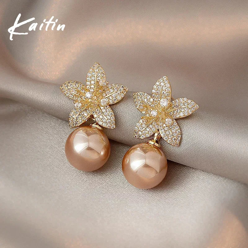 Rose Gold Pearl Flower Dangle Earrings - Elegant Rhinestone Fashion Jewelry