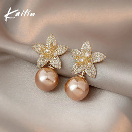 Rose Gold Pearl Flower Dangle Earrings - Elegant Rhinestone Fashion Jewelry