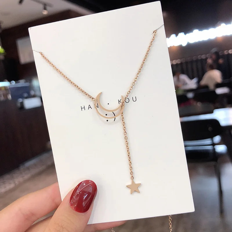 Moon Star Pendant Choker Necklace - Celestial Minimalist Jewelry