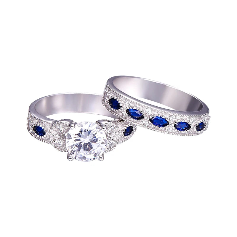 White CZ and Sapphire 925 Sterling Silver Ring Set - Elegant Fine Jewelry