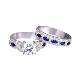 White CZ and Sapphire 925 Sterling Silver Ring Set - Elegant Fine Jewelry