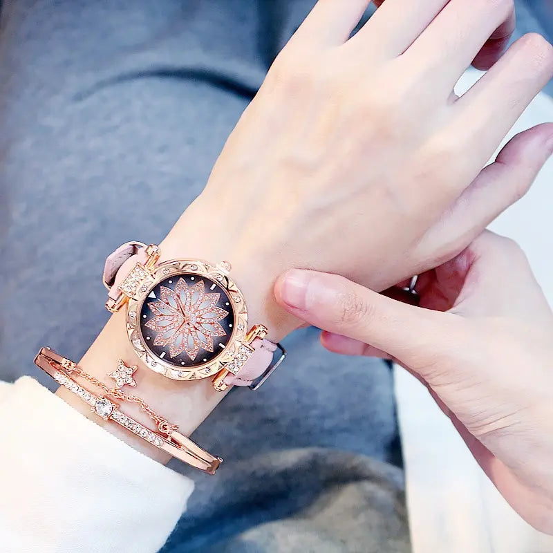 Lucky Flower Luxury Ladies Rhinestone Watch & Bracelet Set - Complete Collection