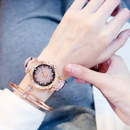 Lucky Flower Luxury Ladies Rhinestone Watch & Bracelet Set - Complete Collection