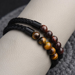 Black Tiger Eye Leather Bracelet - Lava Stone Chakra Beads & Magnetic Clasp
