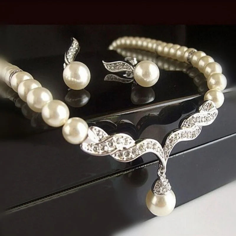 Gold Color Simulated Pearl Jewelry Set - Luxury Necklace and Earrings
